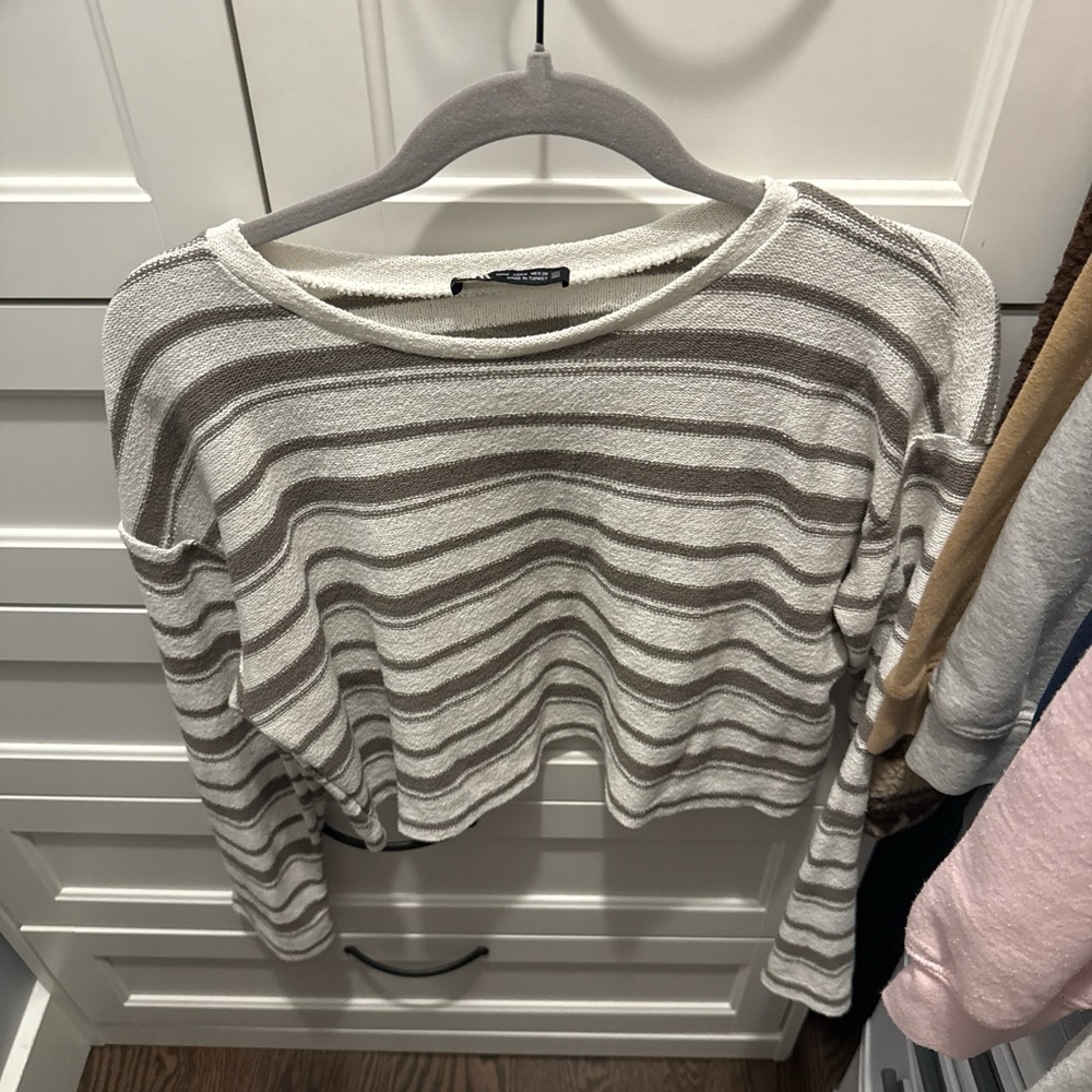 Zara Cream and Gray Striped Knit Top